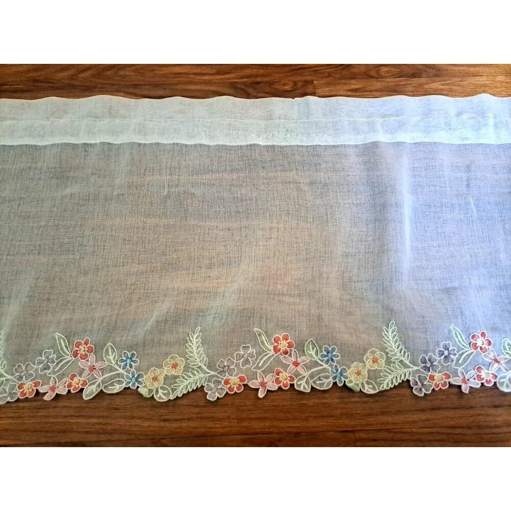 White Sheer Window Valance With Floral Edge Cottage Country Romantic 58x15